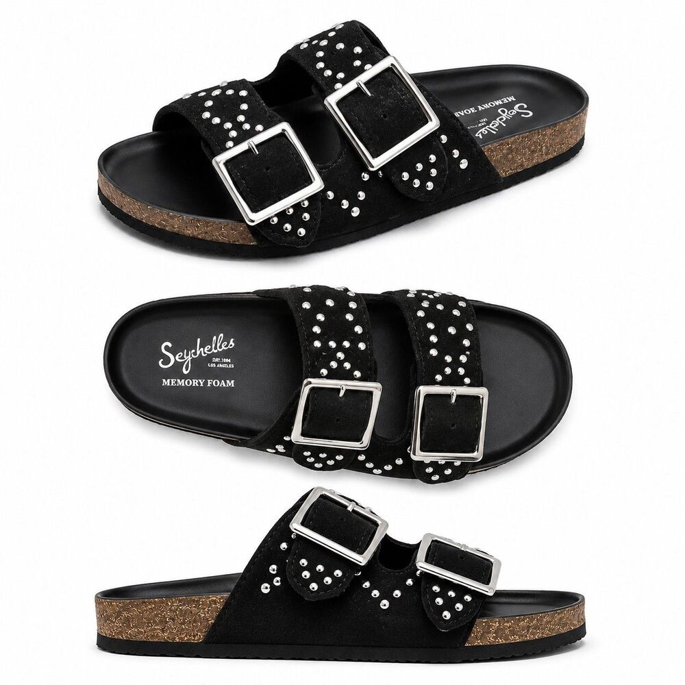 NWT Seychelles Memory Foam Black Silver Rivet Studded Buckle Slide Sandals 5.5